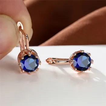 Cute Female Crystal Blue Round Stone Earrings Simple Fashion Crown Rose Gold Color Bride Jewelry For Women