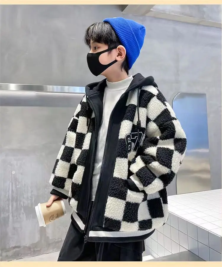 Winter Kids checkerboard Jacket For Boys Coats Lamb Wool Plus Velvet Thick Coats Christmas Costume For Toddler Children Outw children jackets boys woolen coat