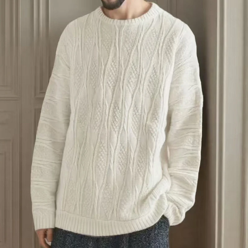 Primavera Autunno Nuovi maglioni casual Moda uomo girocollo manica lunga maglione lavorato a maglia Trendy Twist Textured Crochet Jumper Top 6