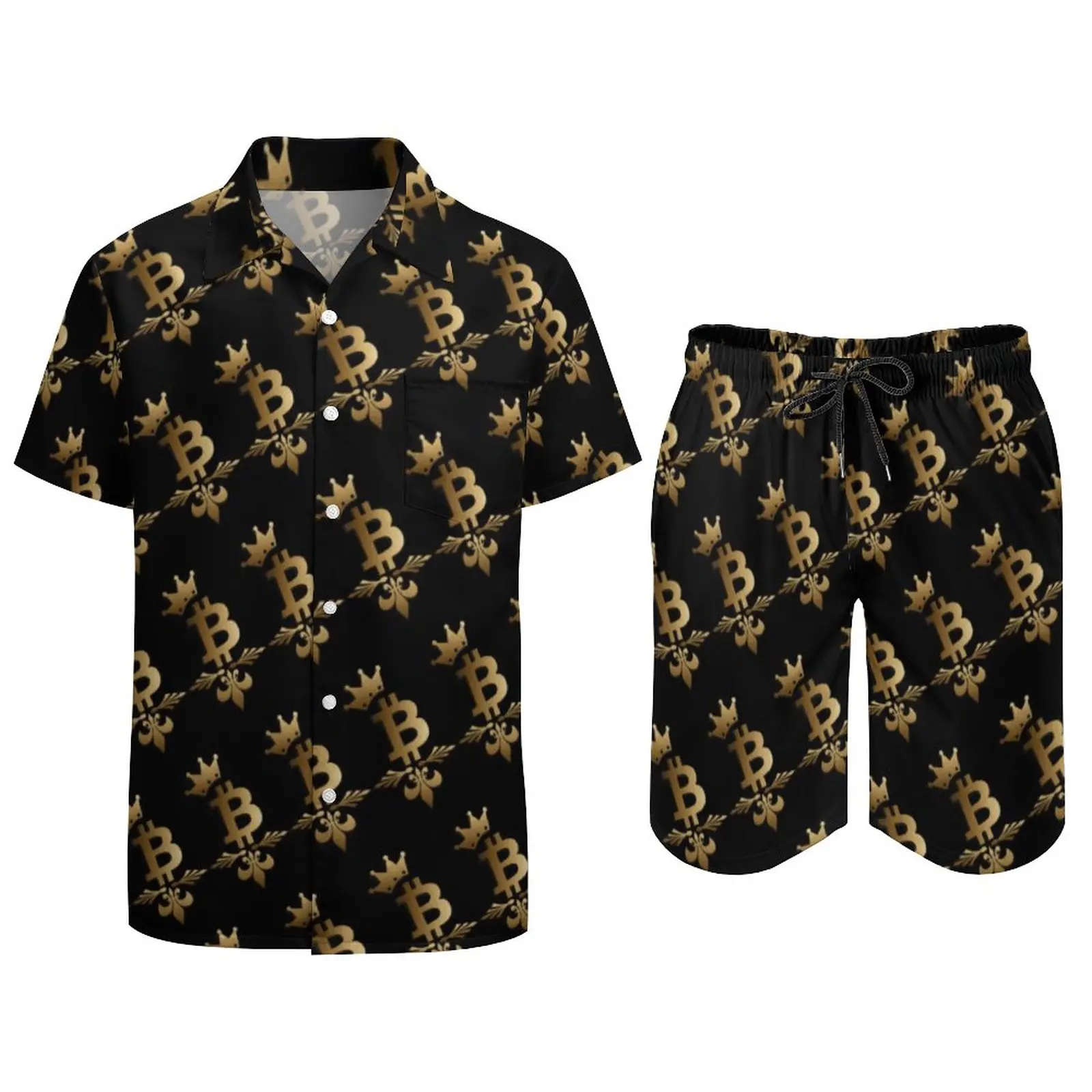 Golden Bitcoin Men Sets Blockchain Crypto Print Casual Shorts Beachwear Shirt Set Summer Funny Suit Short Sleeves Big Size 2