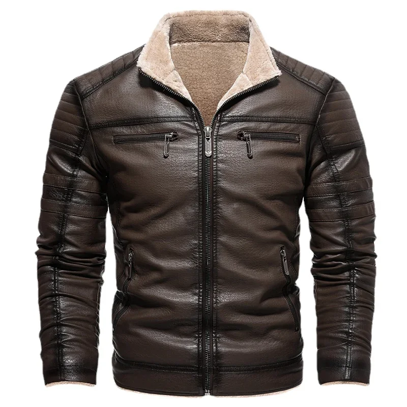 Winter Fleece Men's Leather Jacket Warm Vintage Solid Thicken Motorcycles Coat Autumn Male Windproof Jackets Outerwear