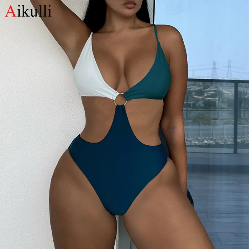 

Solid Splicing One Piece Swimsuits Women Sexy Cut Out Swimwear 2023 New Woman Monokini Push Up Swimming Suit Beach Bathing Suits