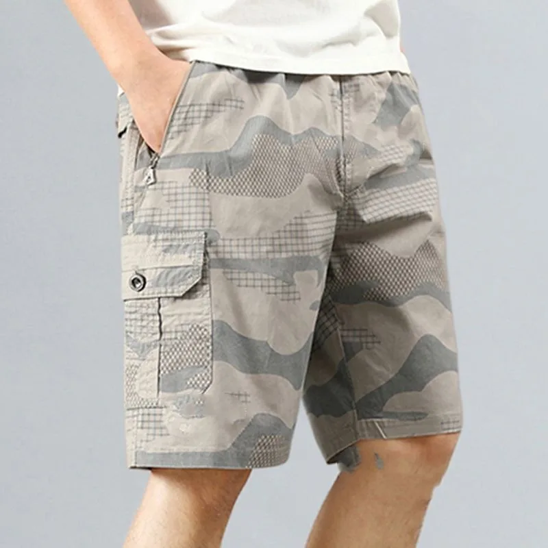 Minimalist and Fashion Korean Summer Pinstripe Geometric Men's Elastic Waist Zipper Pocket Casual Loose Knee Length Shorts