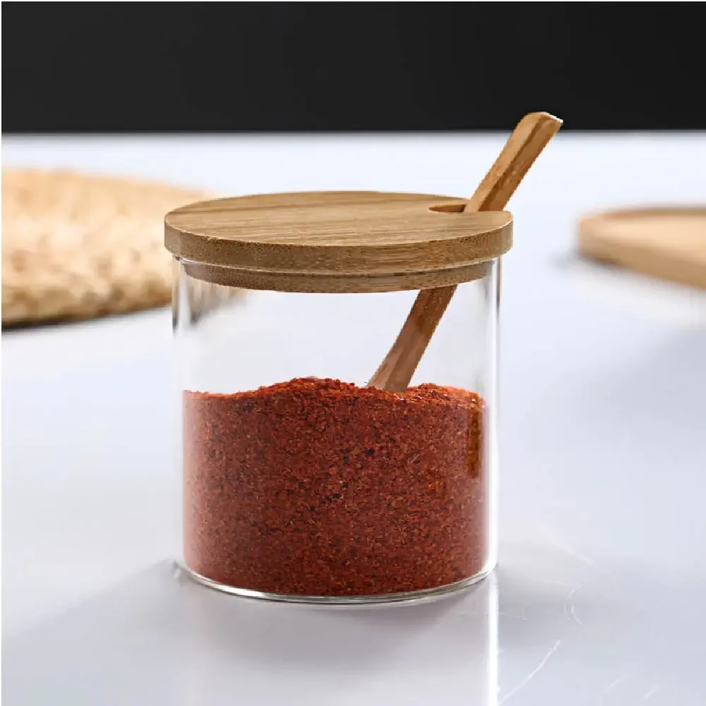 Stylish Simple Condiment Jar Set with Bamboo Soup Lid and Spoon for Home Kitchen Cafe Storage of Salt Sugar Pepper Spices
