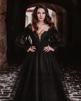 Eightale Black Wedding Dresses Off the Shoulder Long Puffy Sleeves Tulle Victorian Gothic Lace Up Bridal Gowns Customized 2