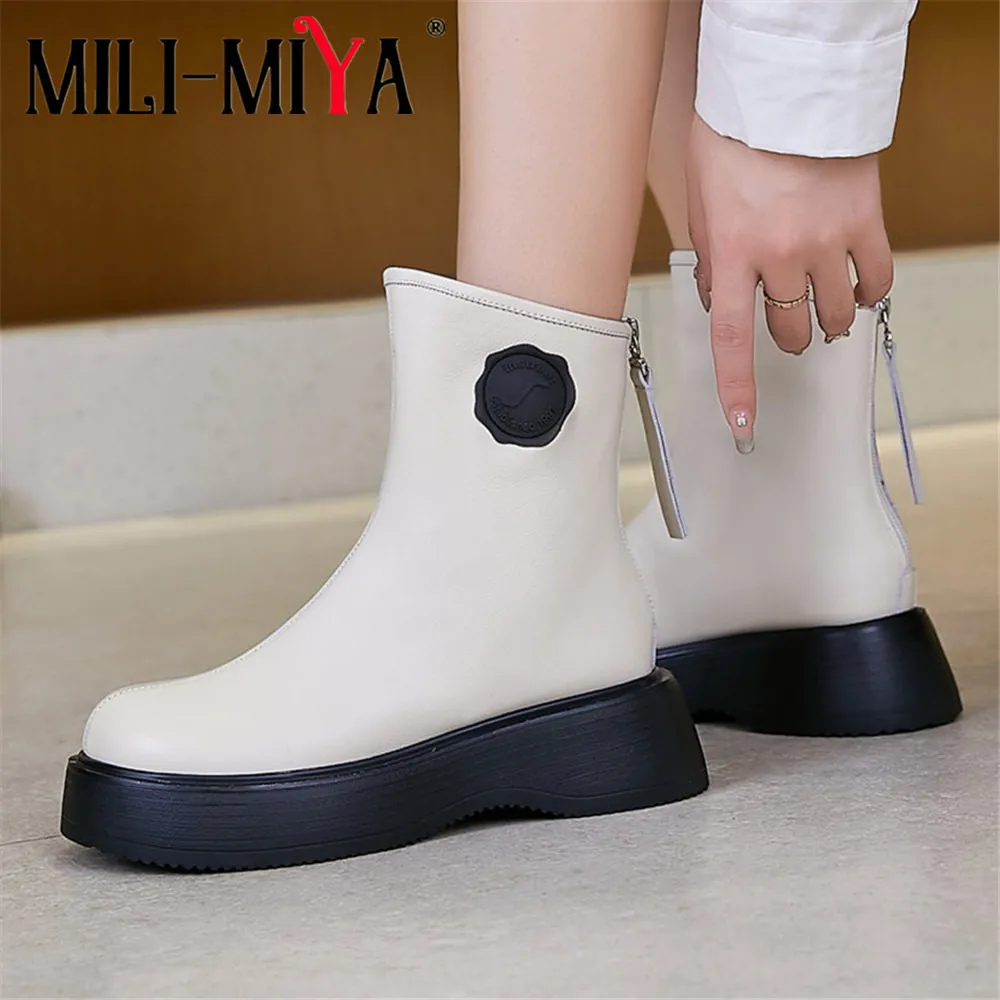 

MILI-MIYA New Arrival Casual Street Shoes Women Cow Leather Ankle Boots Flat Heels Zippers Round Toe Solid Color Handmade