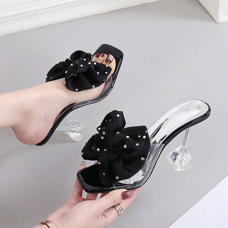 

2024 New Crystal Slippers Women Fashion Bow 6/9cm High Heels Shoes Woman Sexy PVC Transparent Sandals Lady Slides Open Toe Pumps