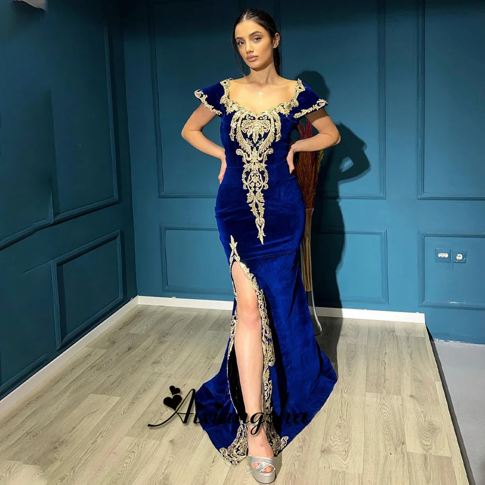 

Aixiangsha Graceful Mermaid Prom Dresses Scoop Neck Velvet Appliques High Slit Saudi Arabric Vestidos Para Eventos Especiales