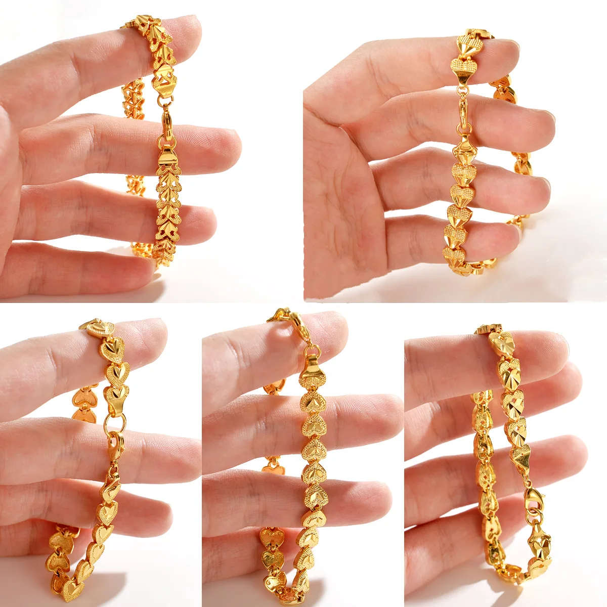 999 Real Gold Southeast Asia 24k Yellow Gold Color Watch Chain Women's Sand Gold Heart Bracelet Wedding Fine Jewelry Gift