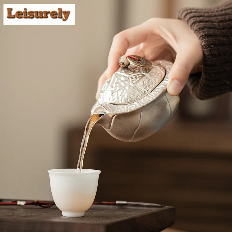 150ml Handmade Gilt Silver Fortune Turtle Hand Grab Teapot Aesthetic Tea Infuser Pot Tea Soaking Kettle With Filter Teaset Gift