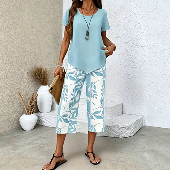 2Pcs Women Summer Casual Set, Smooth Soft Leaf Print Pants & Asymmetrical Top, Breathable Loungewear for Daily 1