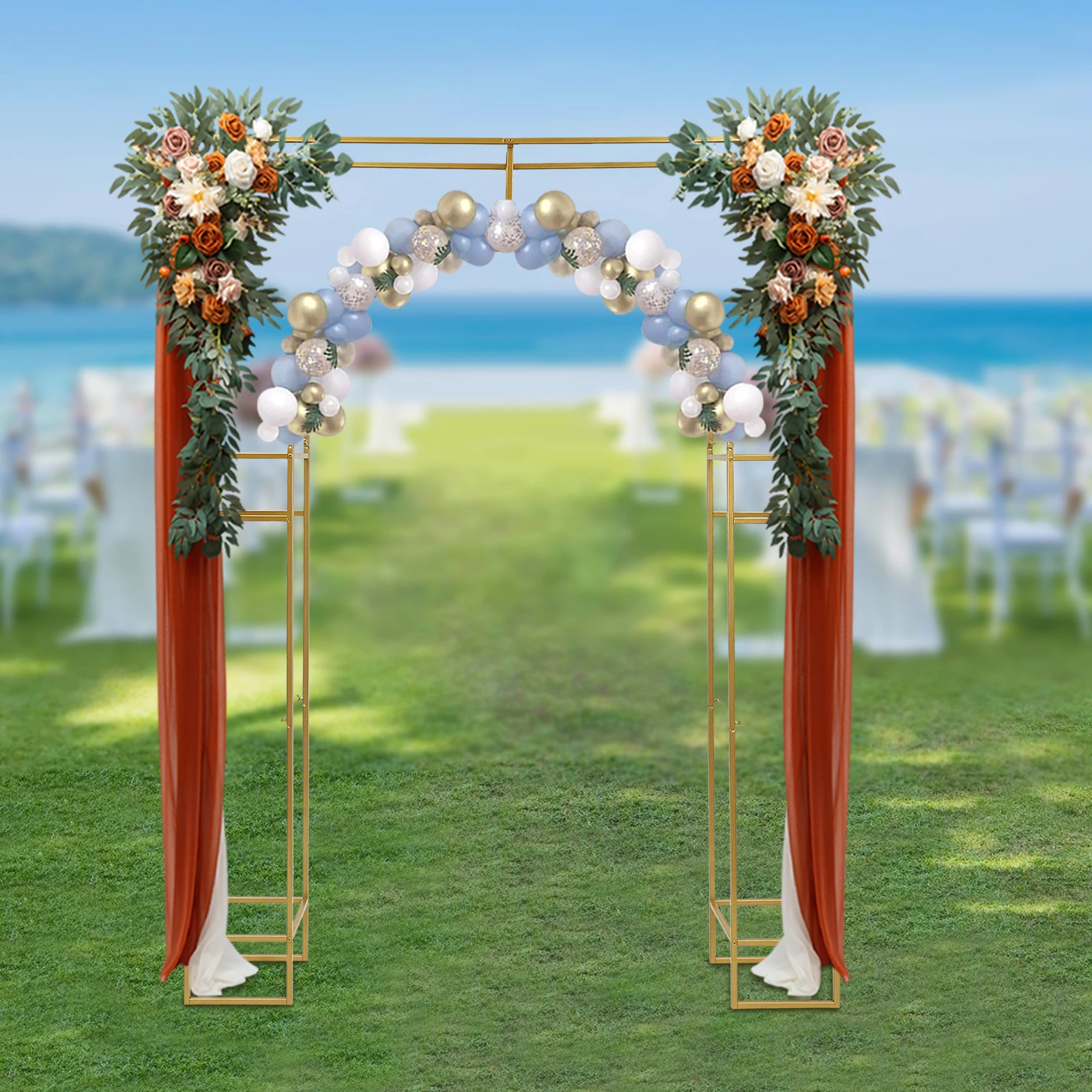 Goldfarbener Hintergrundständer mit mehreren Szenen, 1,8 x 2,4 m, freistehend, für Hochzeit, Weihnachten, Geburtstag, Party, Gangbogen, Dekoration, Kohlenstoffstahl – Detail 7