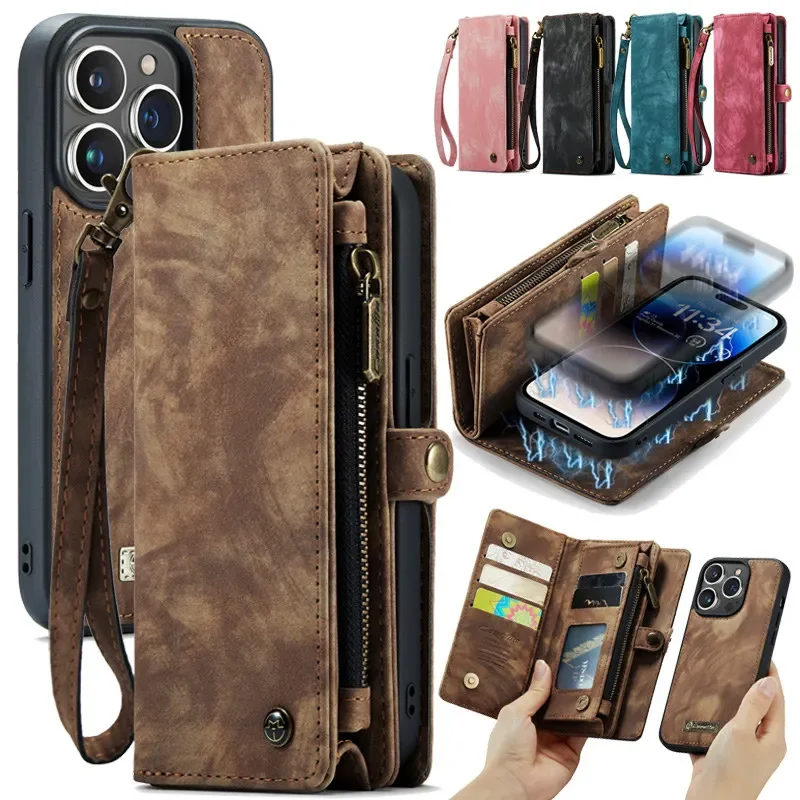 

Кожаный чехол-кошелек CaseMe для iPhone 14, 15 Plus, 11, 12, 13, 15 Pro Max, X, XS, XR, съемный чехол для iPhone 7, 8, SE 2022