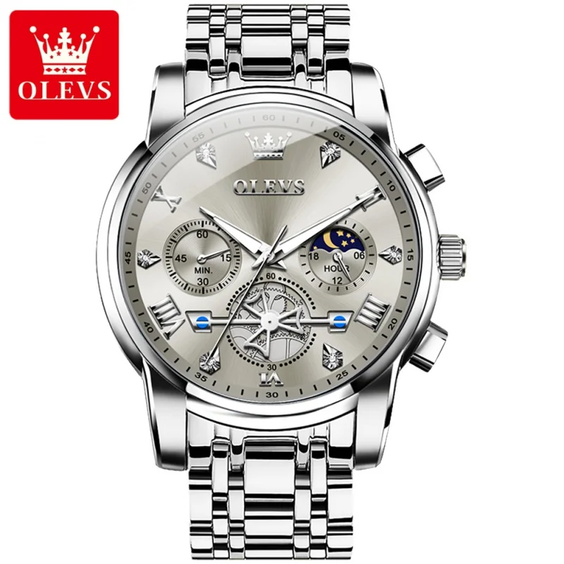 

OLEVS 2856 New Multifunction Four Dials Men Automatic Mechanical Steel Chain Quartz Wrist Watch