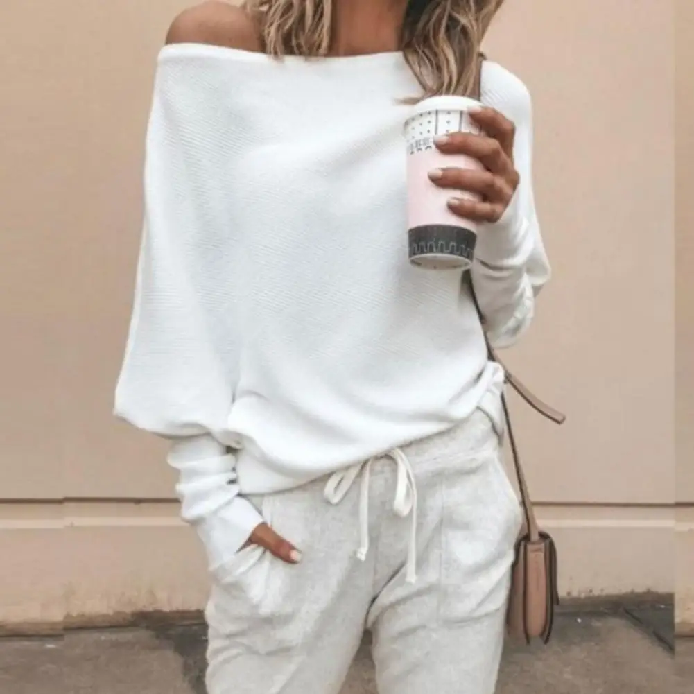 

Solid Color Stretchy Women Blouse Sexy Slash Neck Batwing Sleeve Pullover Top Club Wear Long Sleeve T-shirt Top Streetwear