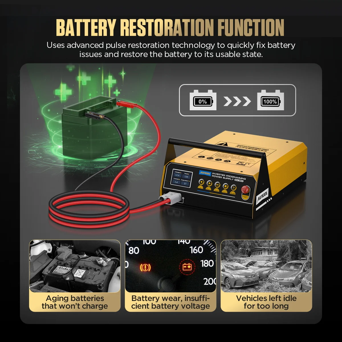 AUTOOL EM365 Automotive Uninterruptible 110V/220V Inverter Car Power Supply Batt