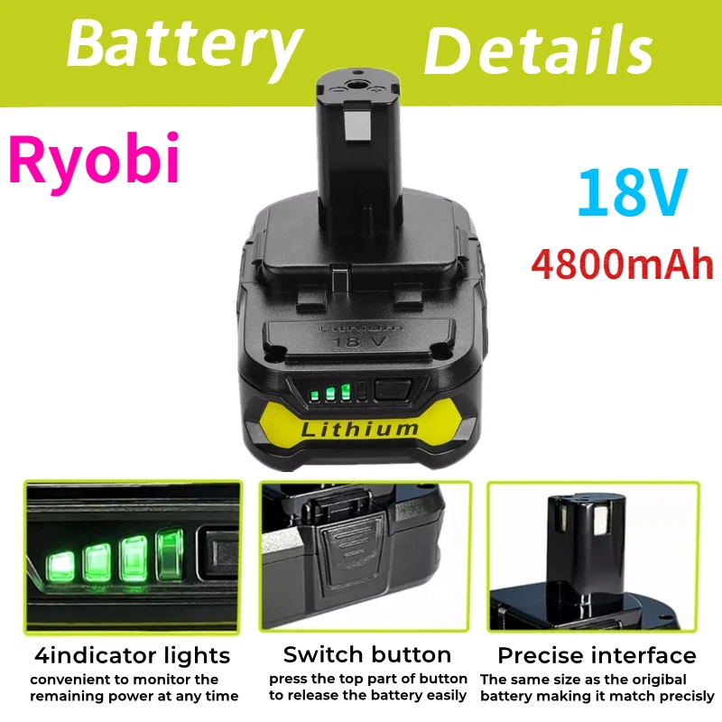 Verbesserte 4,8 Ah Ersatz Ryobi 18 V Litio-Batterie, Kompatibel Mit Ryobi 18 Volt Um + Mais P107 P108 P102 P103 P104P105 P109