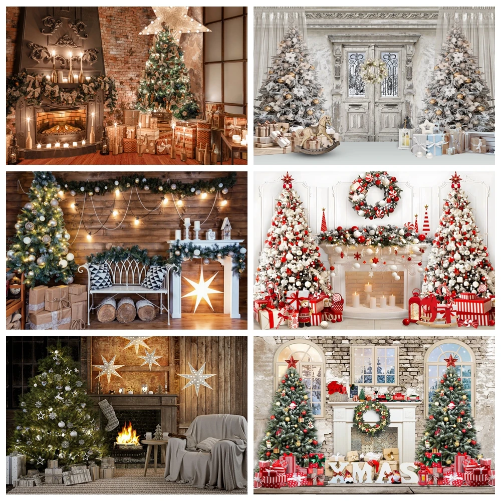

Christmas Fireplace Photography Backdrops Winter Xmas Tree Gift Family Party Home Decor Baby Portrait Background Photo Studio