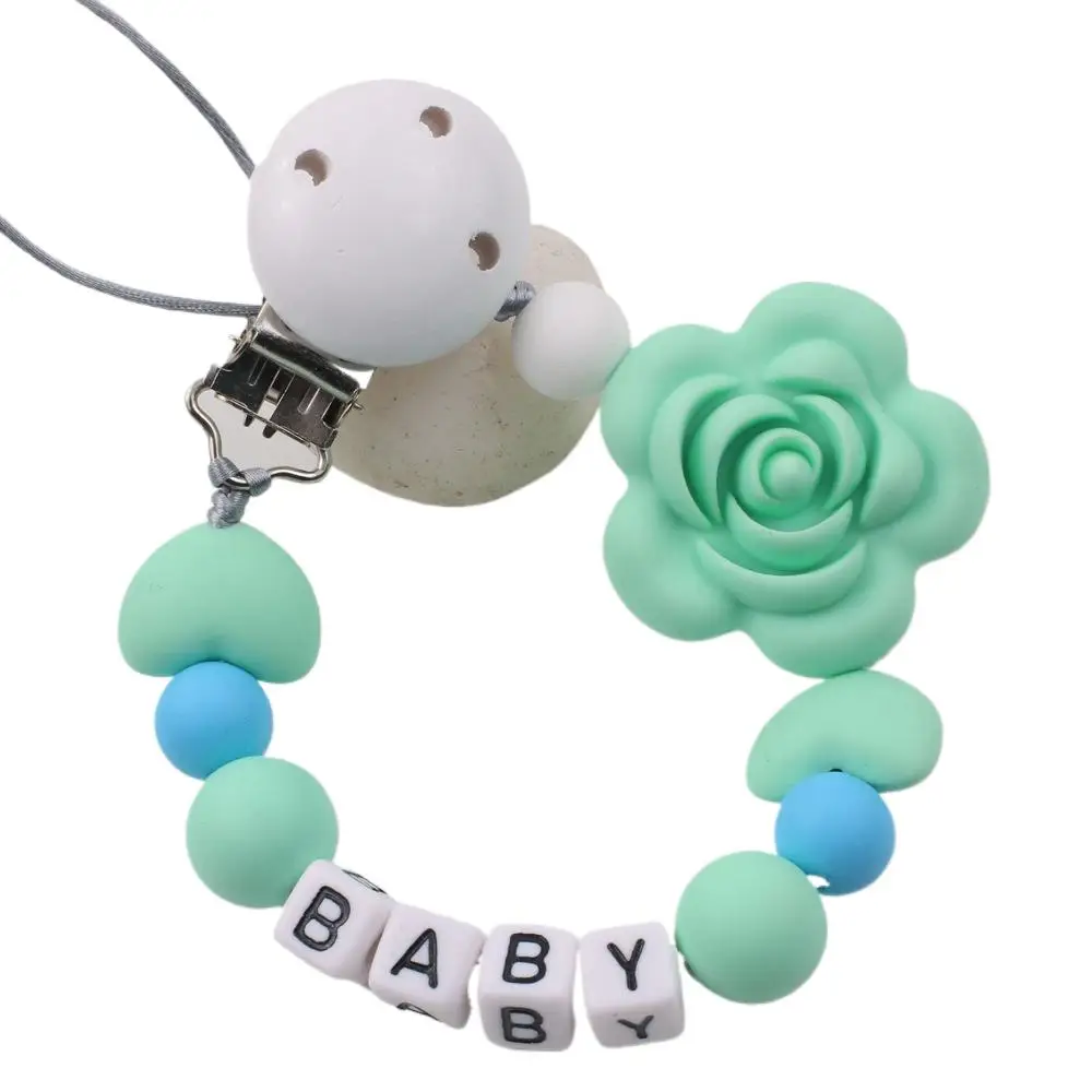 Rose Flower Personalized Name Silicone Beads Custom Name Pacifier Clips Safe Teether Chain Baby Teether Dummy Clip Holder Gift