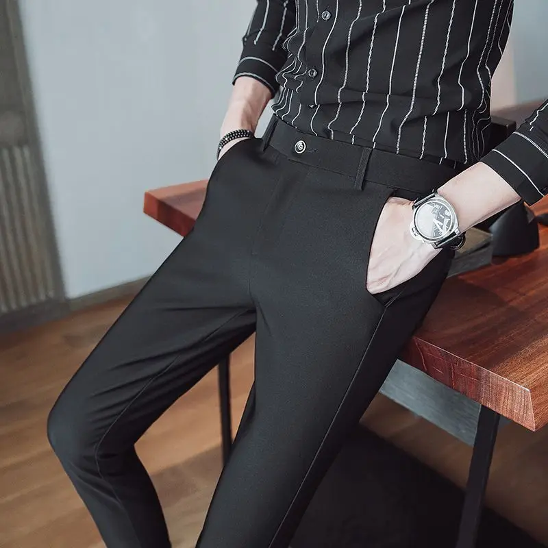 2024 New Versatile Four Seasons Fashion Korean Edition High Waist Slim Fit Solid Color Casual Simple Feet Suit Pants for Men