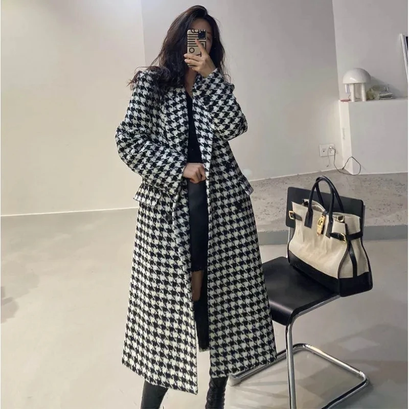 

Vintage Houndstooth Mid-Length Coat Women Elegant Loose Double Breasted Tweed Overcoat Fall Winter Thick Korean Outerwear