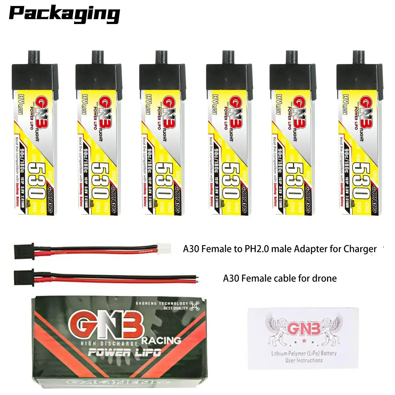 

6PCS GNB 1S 530mAh 3.8V 90C HV Lipo Battery With A30 Plug For Cetus Pro FPV Drone DIY Parts VS BETAFPV BT2.0 450mAh 1S