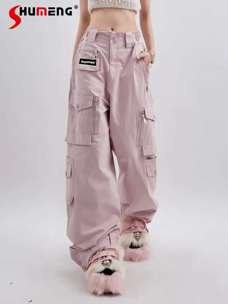 Streetwear Women's Summer Dancing Pink Overalls 2023 New Casual Fashion Brand High Waist Pocket Decoration Straight Pants Women