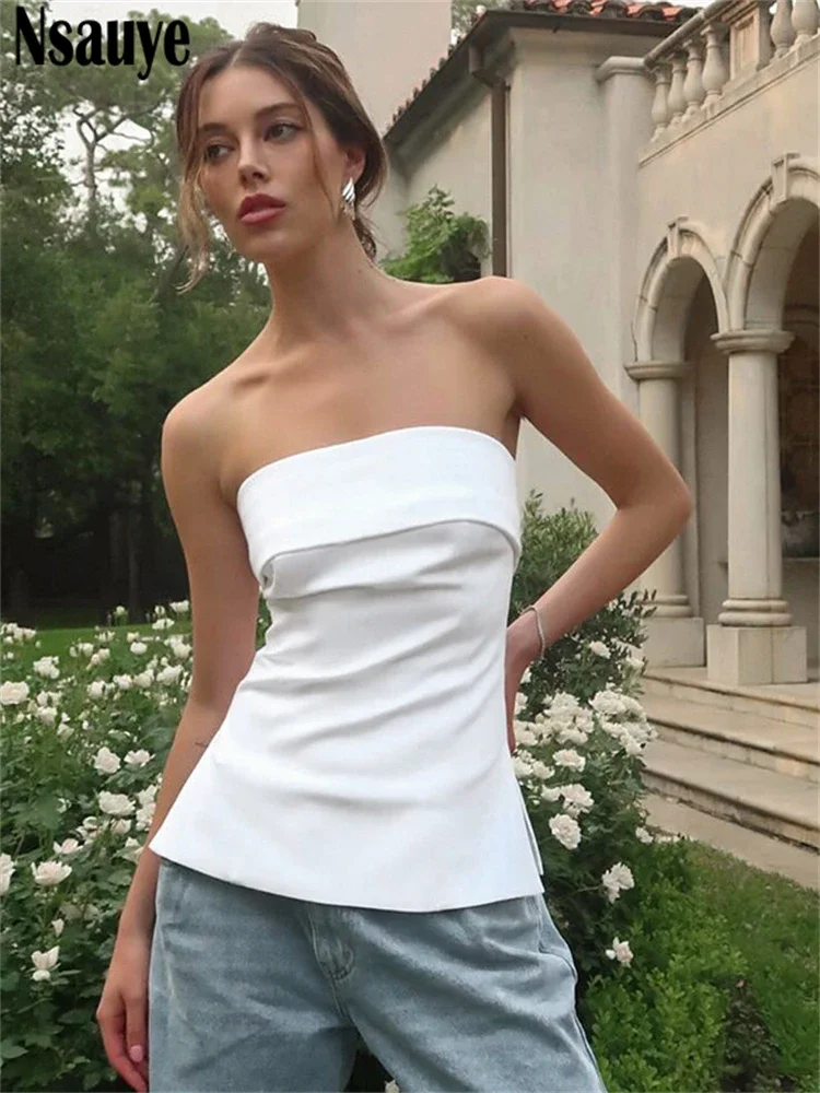 Nsauye Sexy Female Slim Fashion Mini White Casual Club Vest Crop Tops Women Summer Party Y2K Elegant Strapless Tank Tops T Shirt