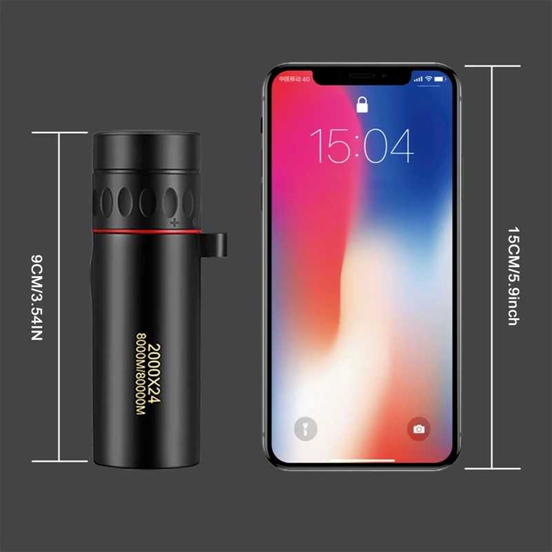 Telescópio monocular HD com alça anti-perdida, 2000x24, mini telescópio portátil para celular, acampamento ao ar livre, caça, observação de pássaros