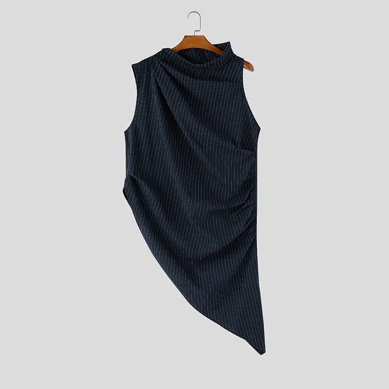 INCERUN Men's Irregular Tank Tops Striped Turtleneck Sleeveless Pleated Male Vests Streetwear Tops For Man Fashion Men Clothes - Image 8