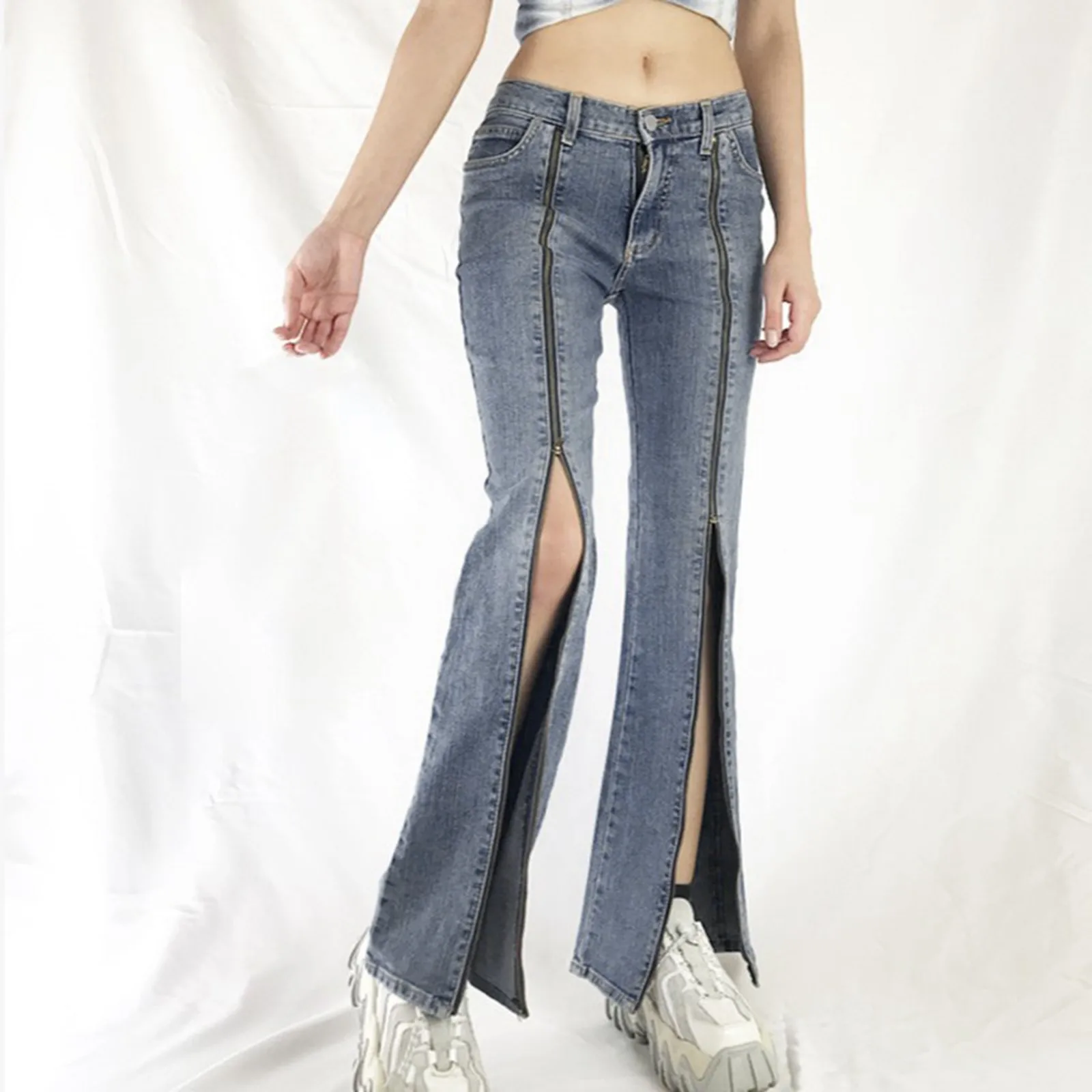 

Womens High Split Wide Leg Pants Jeans Zipper Slit Flared High Waist Denim Pants Lady Stretch Streetwear Vintage Jeans Trousers