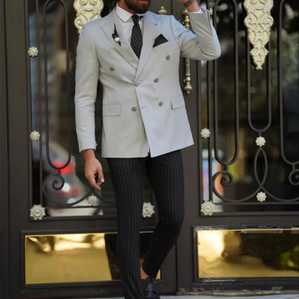 

Gray Peak Lapel Men's Suits For Business Wedding Wear Male Blazer Sets Two Peices Jacket+Pants Custom Fashion Double Breasted