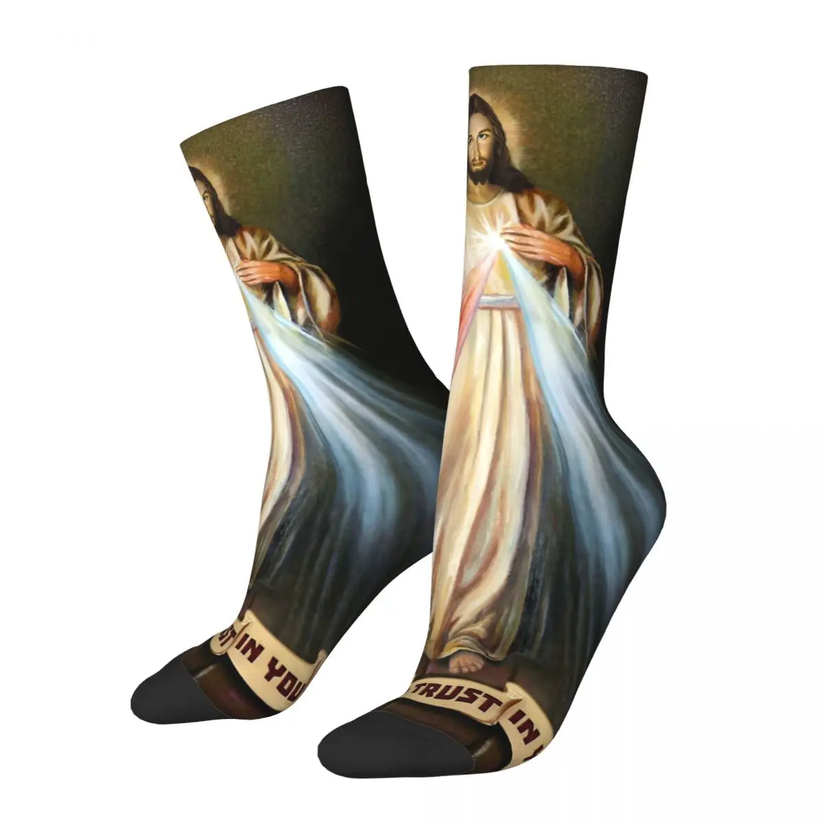 

Забавные католические уютные носки с изображением богомоликового милосердия Христоса, дизайн, все сезоны, теплые носки-карандаш с изображением Иисуса, я доверяю вам