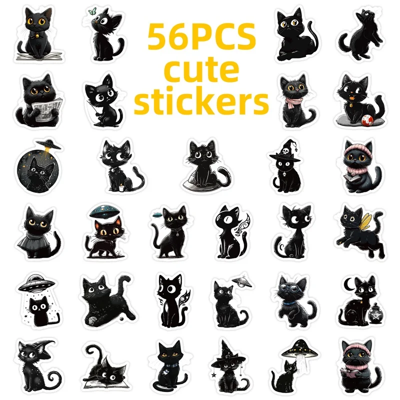 10/30/56PCS 귀여운 검은 고양이 PVC 스티커 미학적 DIY 장식 스크랩북킹 수제 회계 용품 어린이용