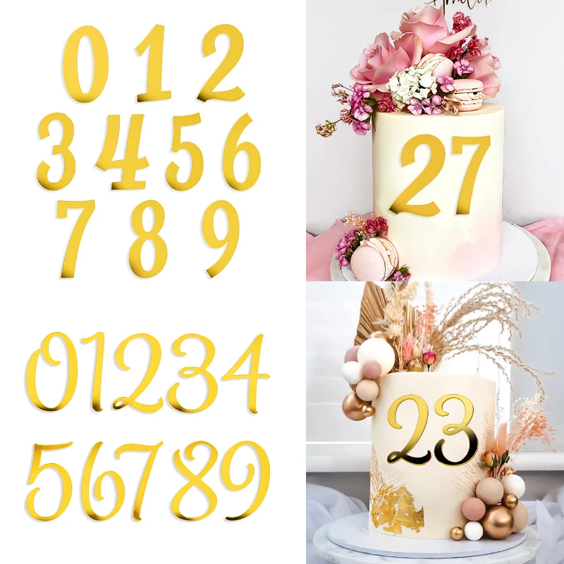 1Set 0-9 Number Gold Acrylic Cake Topper for Wedding Anniversary Birthday Party Cake Decoration Digital Cupcake Toppers Flag