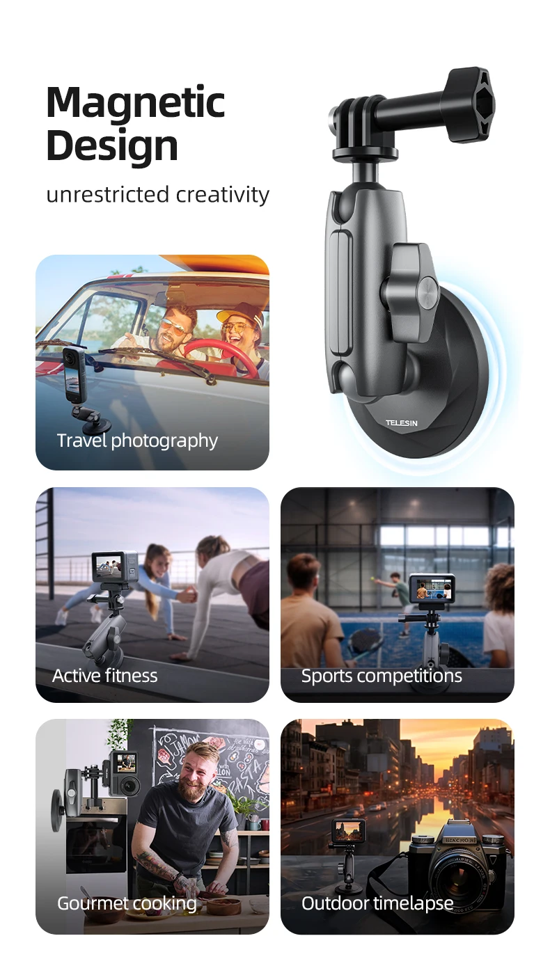 Aluminum Alloy Magnetic Action Camera Holder 360° Adjustable 1/4 Adapter For In