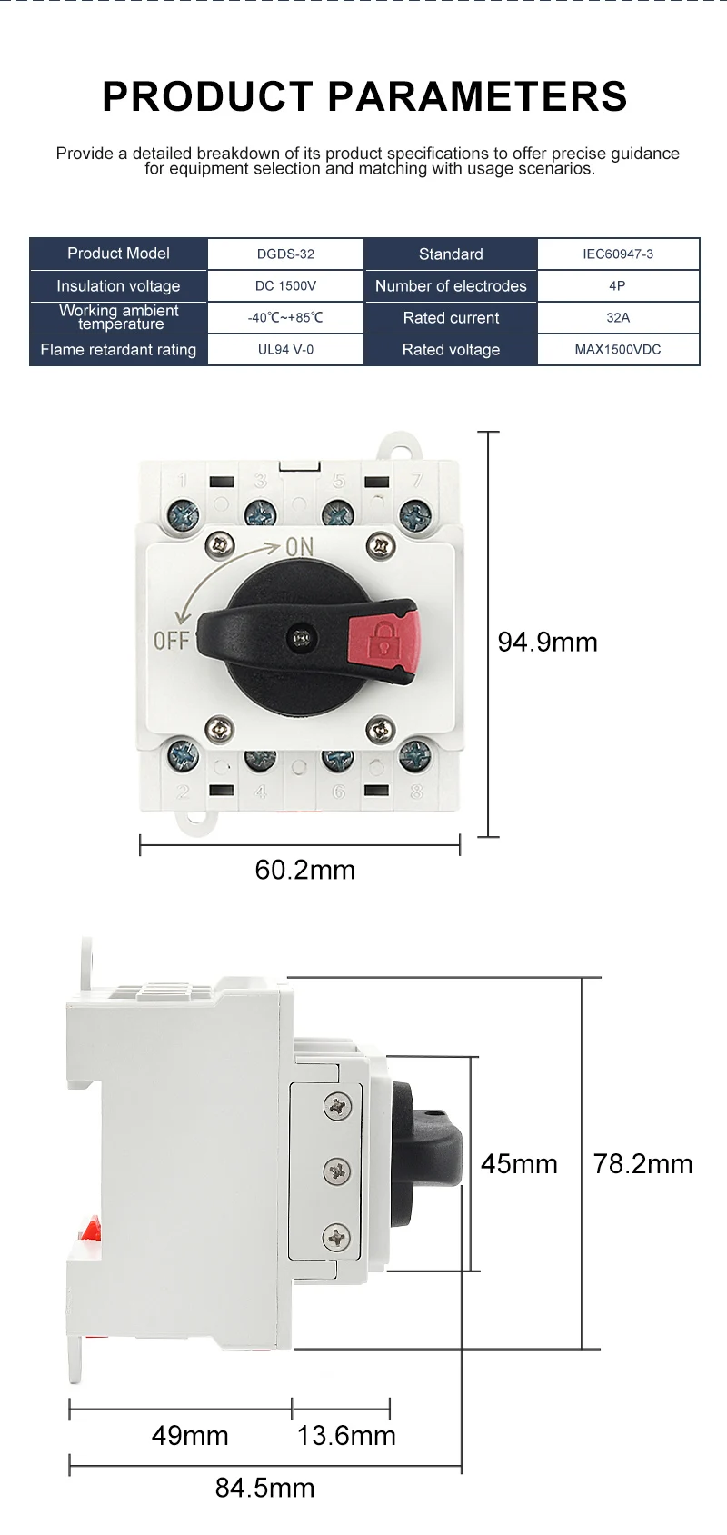DIY GO 4P Fabrik Direkt DIN-Schienenmontage DC Isolator 32A DC 1200V/1500V Trennschalter für PV-Verteilerkasten – Detail 10