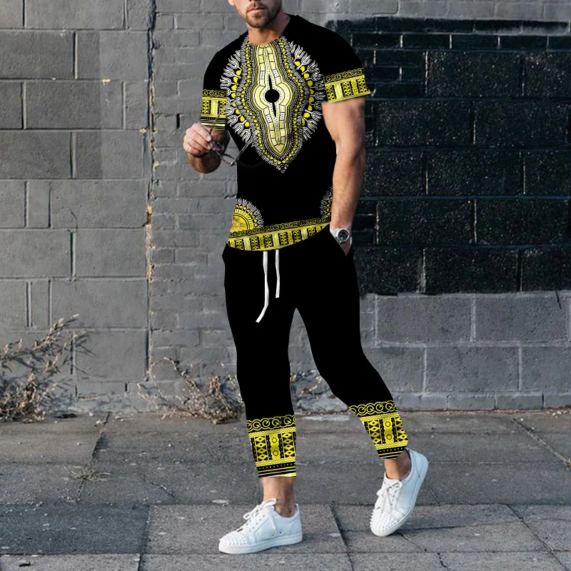 Newest Summer Sport Short-Sleeved T-shirt Trousers Men's Tracksuit Suit African totem Casual Beach Shorts 2 Piece Set newest african female print two piece set women men casual pullover hoodie pants suit ethnic style dashiki tribal couple clothes