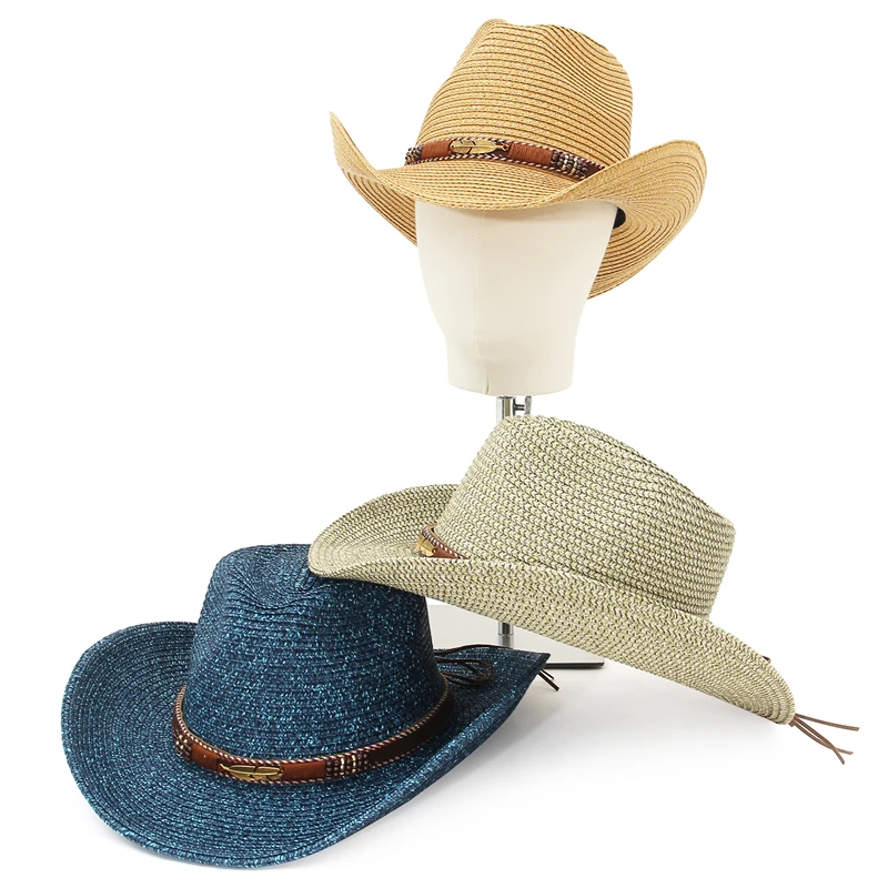 Western Cowboy Sun Hat Wind Lanyard For Men Women Wide Brim Straw Hat Beach Cap Panama Fishing Fisherman Cap Summer Hats GEMVIE