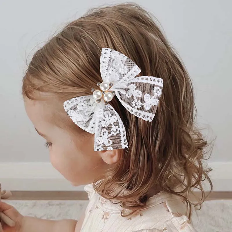 Oaoleer 2Pcs Lace Pearl Bow Hairpins For Kids Girls Cute Embroidery Flower Rhinestone Hairpin Baby Headdress Hair Accessories