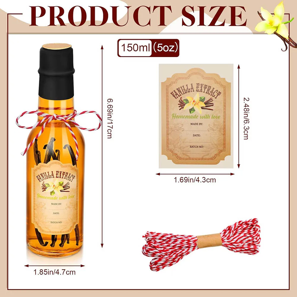 Vanilla Extract Bottles for Homemade Vanilla Jar Glass Bottle with Sticker Syrup Gift Food Storage Canister for Bean Sauce Spice 6