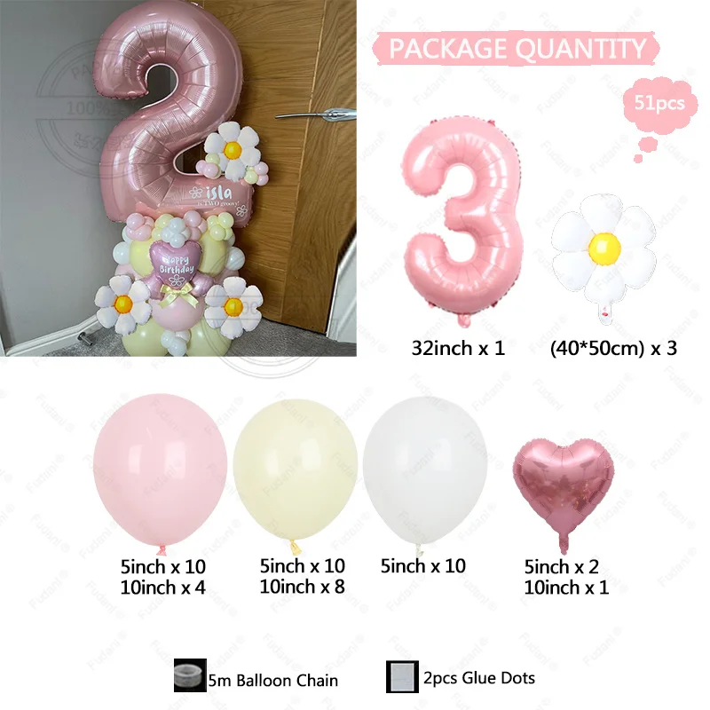 핑크 숫자 화이트 데이지 테마 풍선 기둥 세트, 1-9 세 어린이 생일 파티 웨딩 베이비 쇼에 적합, 32 인치