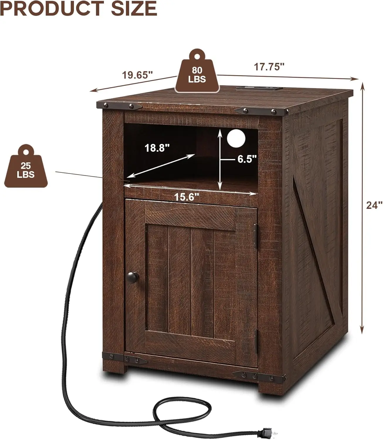 Rustic Wood Nightstand End Table, 20" Brown with Charging Station Farmhouse w/Groove Barn Door Sofa Side Bedside Table w/Open