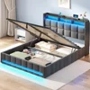 Bed Frame Queen Size with Lift Up Storage, Charging Station & LED Lights, Upholstered Storage Headboard, Heavy Duty Wooden Slats 1