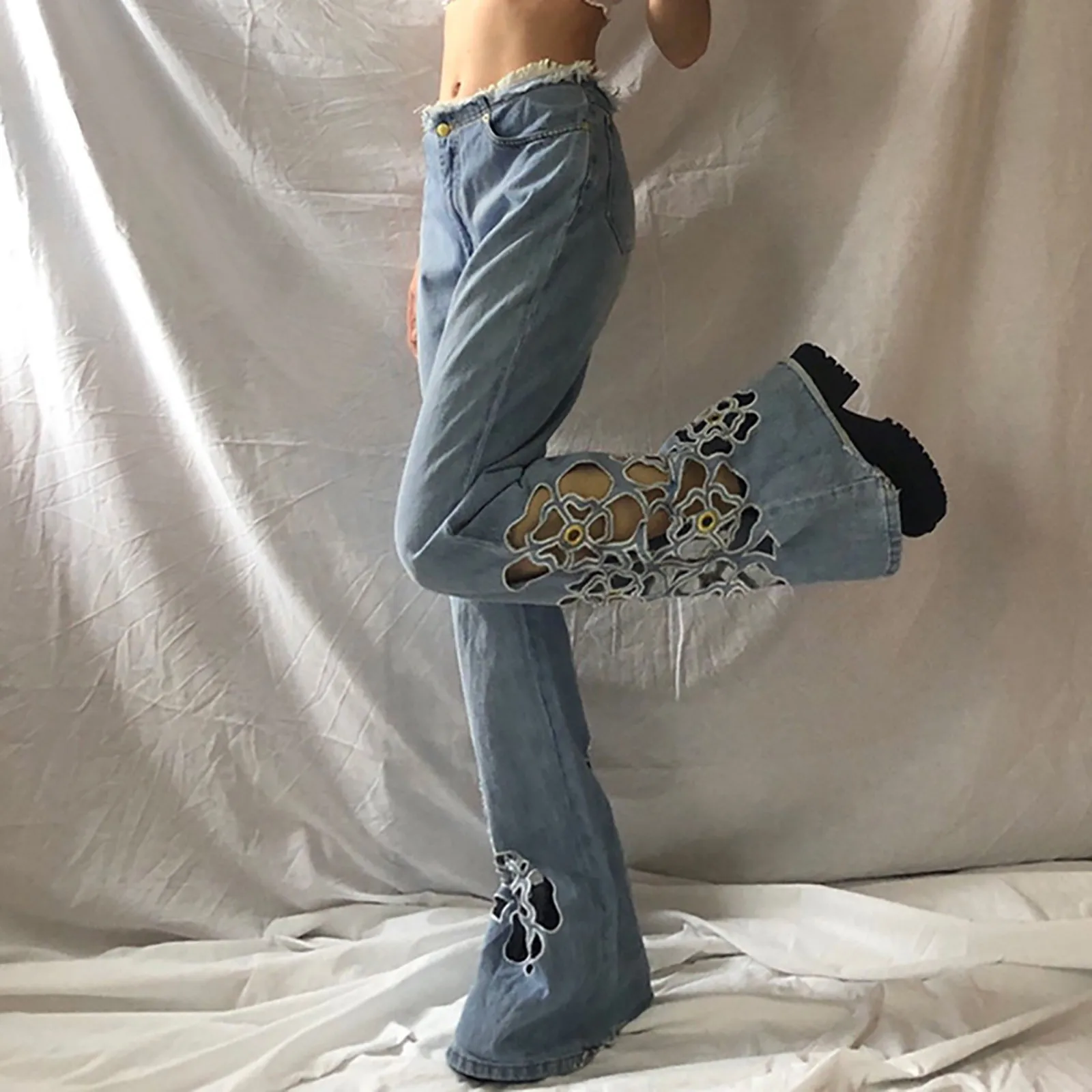 

Womens Fashion Jeans Embroidery Hollowing Out Aesthetics Vintage Low Waist Chic Straight Denim Pants Aesthetic Straight Women
