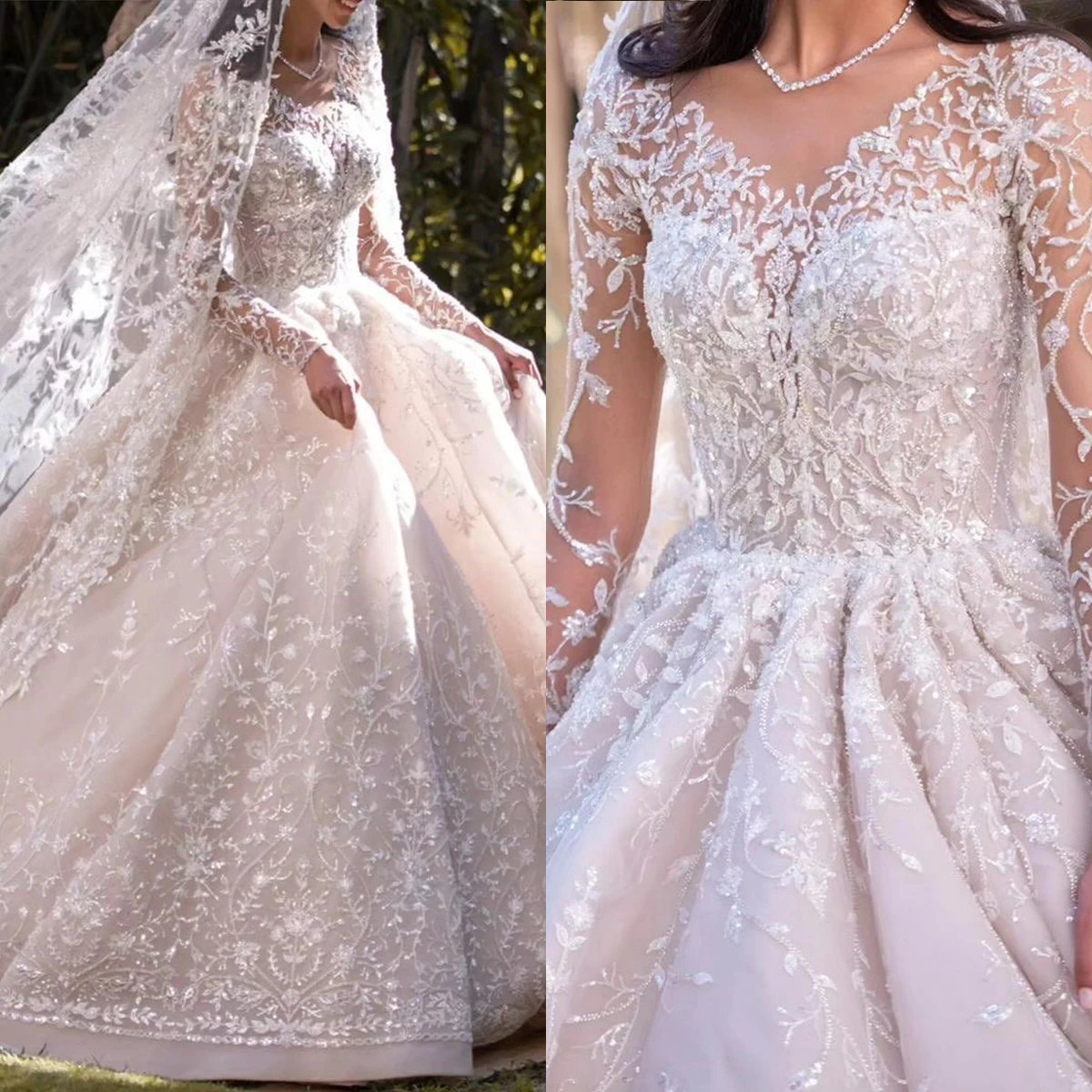 

Exquisite Ball Gown Wedding Dresses With Veil Lace Applique Sequins Bridal Gown Dubai Arabic Dress Vestido De Novia Sweep Train