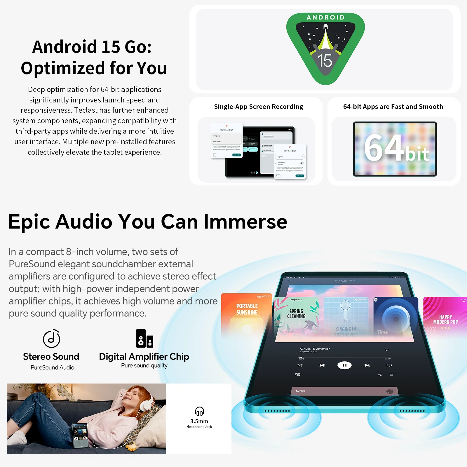 Teclast P85 Android 15 タブレット 8インチ IPS 3+6GB RAM 64GB ROM