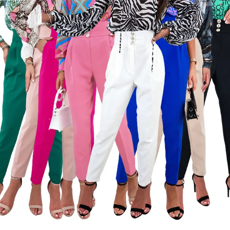 

Women High Waist Button Pants Solid Color Blazer Business Pencil Pants Ladies Casual Pockets Trousers