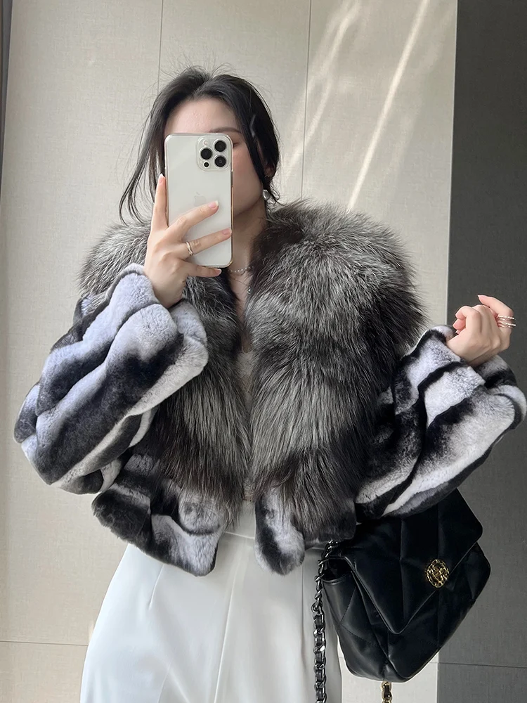 Women's Hooded Genuine Rex Rabbit Fur Jacket Chinchilla Color Real