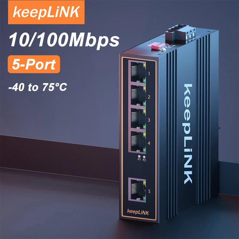 KeepLiNK 산업용 5포트 10/100 Mbps 이더넷 스위치 | 견고한 금속 하우징 IP40 | DIN 레일 마운트 | 넓은 온도 범위